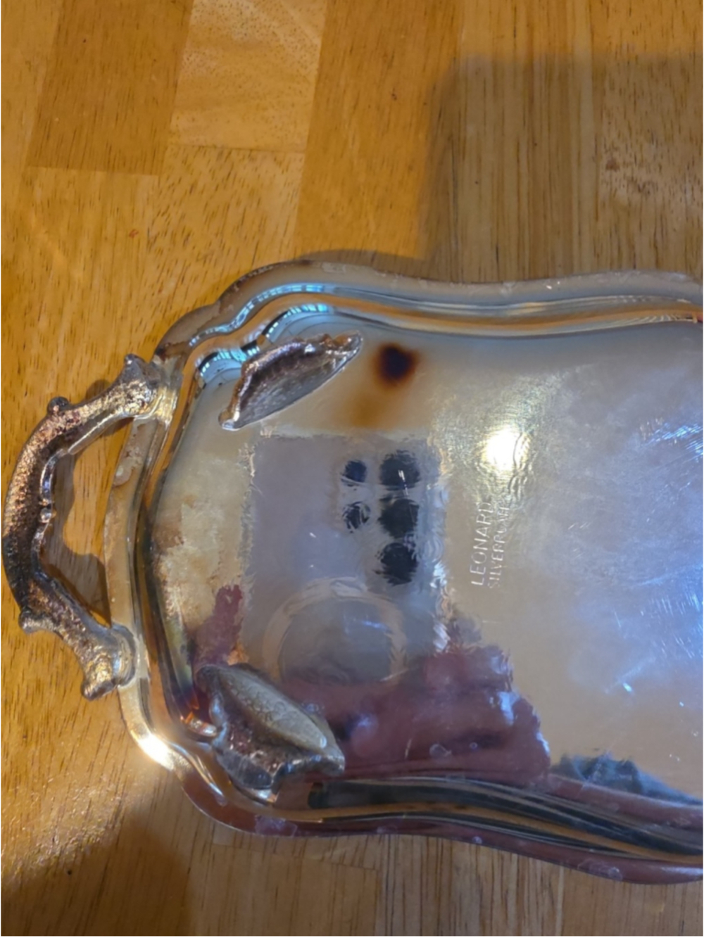 Vintage Leonard Silverplate Handled Butler Tray, Ornate Etched Scalloped Platter - Picture 10 of 11